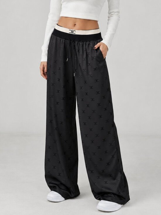 The Unbranded Brand Pants - Black Monogram Satin Wide Leg Lounge Pants Drawstring Relaxed Fit Size M